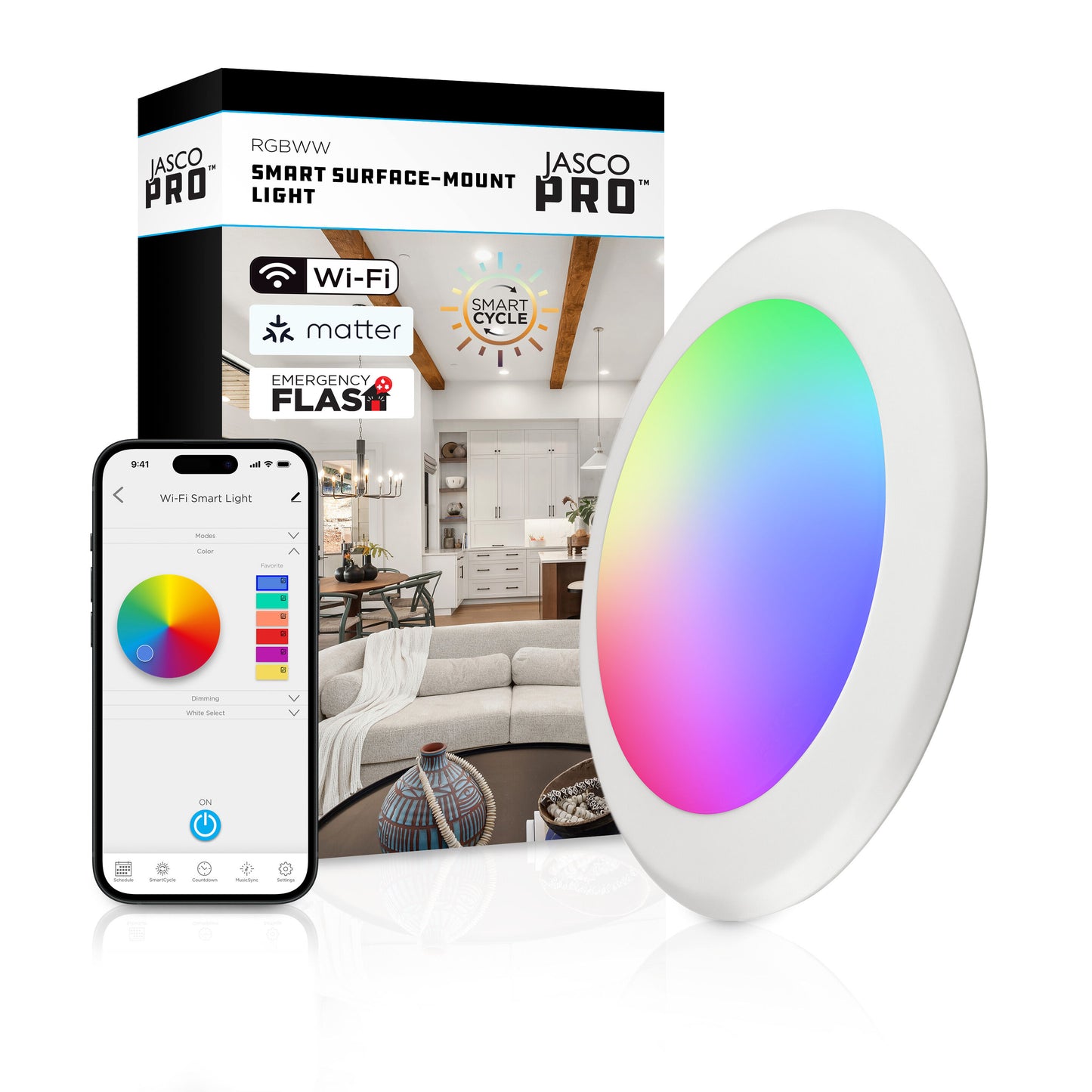 JascoPro Matter-Enabled Wi-Fi Smart Surface-Mount Light, 6in., Rgbww