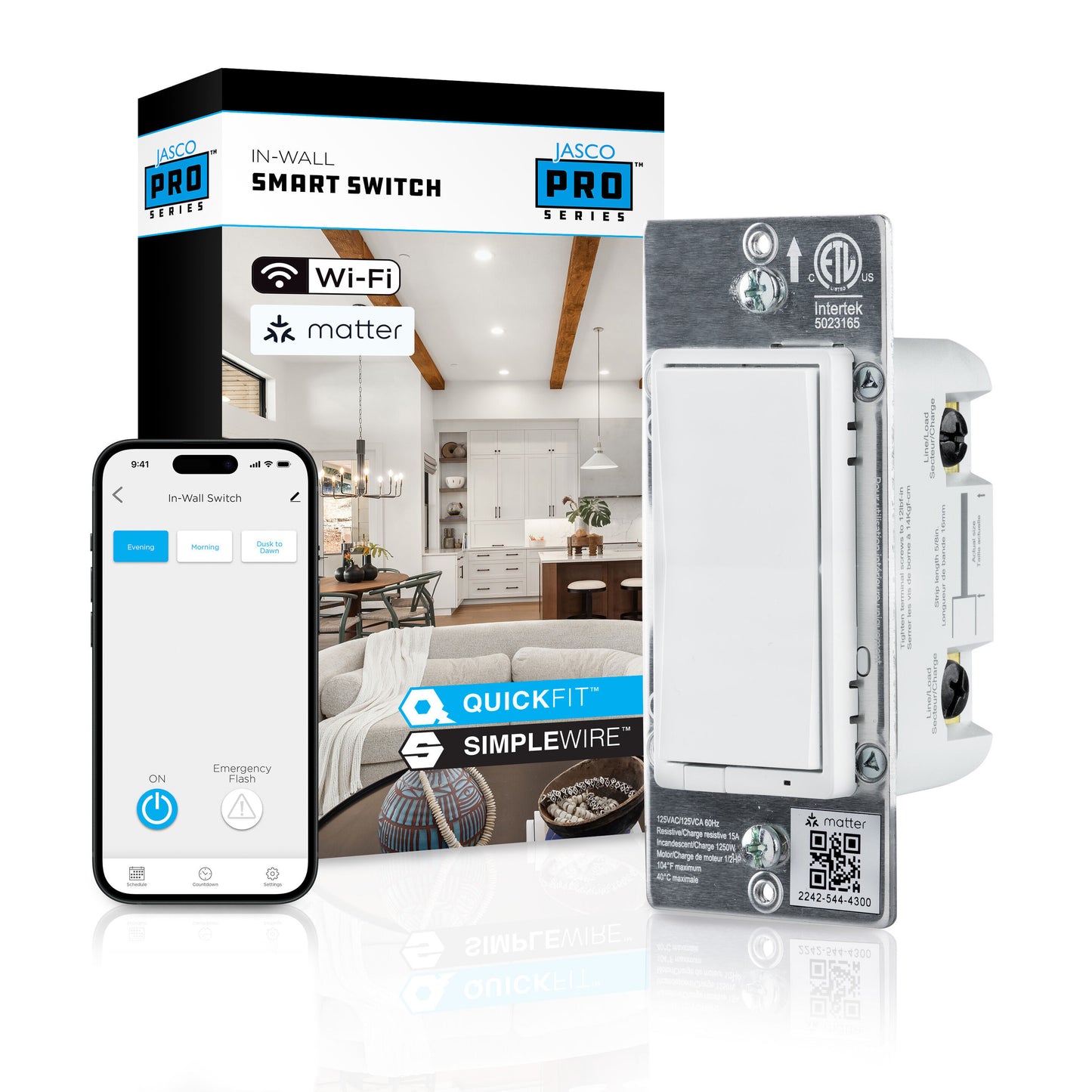 JascoPro In-Wall Matter-Enabled Wi-Fi Smart Rocker Switch, White/Light Almond Paddles