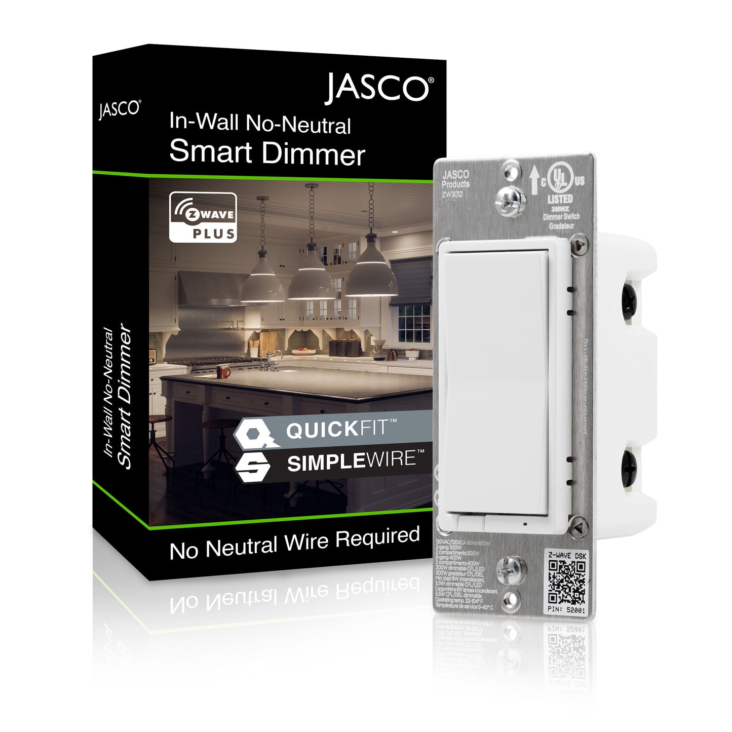 Jasco Z-Wave Plus In-Wall Smart Dimmer, No Neutral, White & Light Almond Paddles, 700s