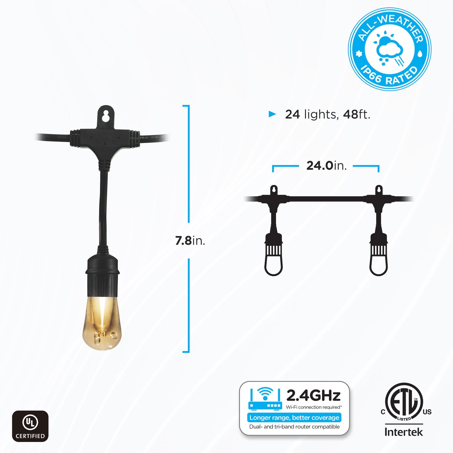 JascoPro Wi-Fi LED Color-Changing Cafe Lights, 48ft., 24 Lights, Rgbw