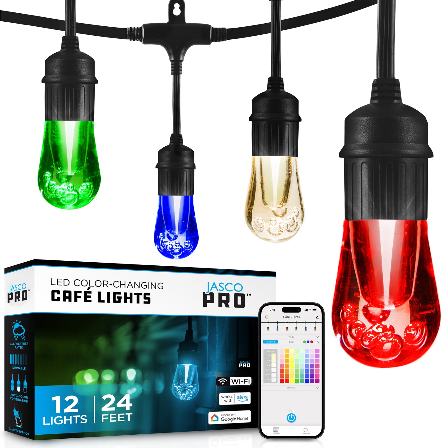 JascoPro Wi-Fi LED Color-Changing Cafe Lights, 24ft., 12 Lights, Rgbw
