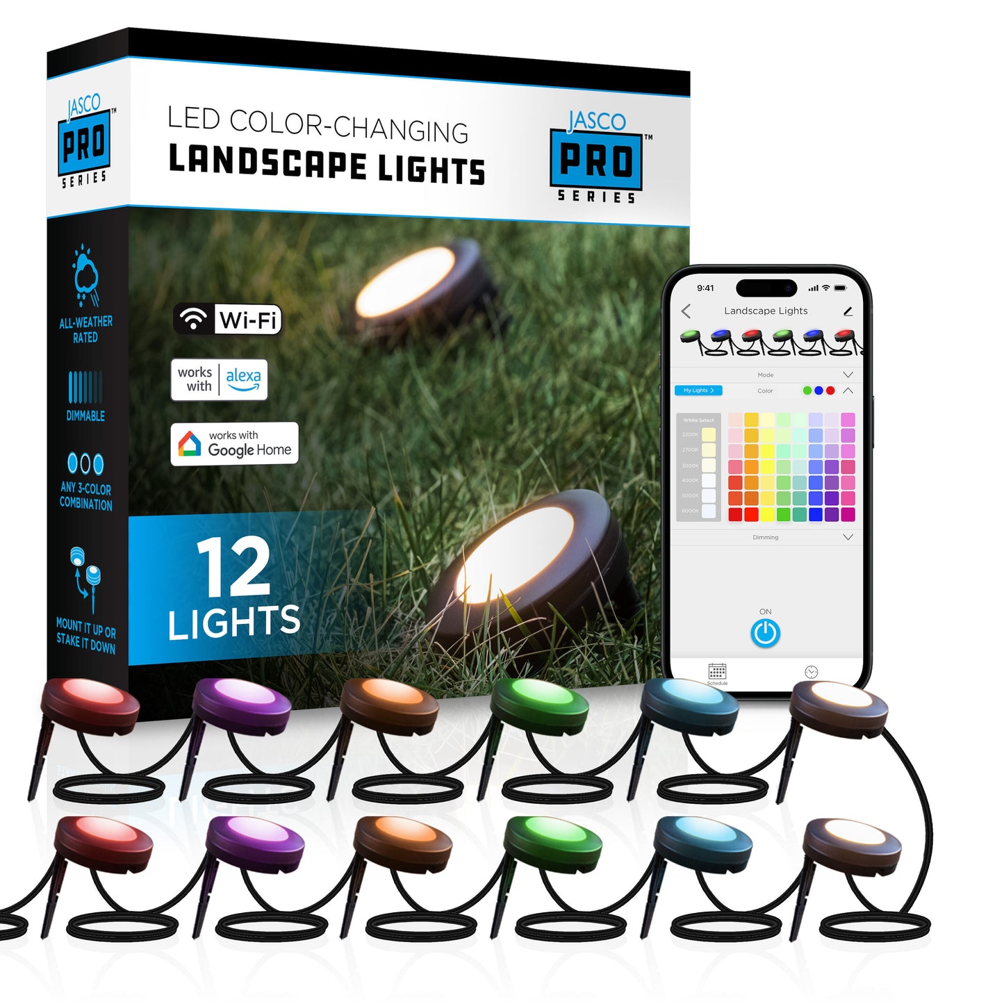 JascoPro Wi-Fi LED Color-Changing Landscape Lights, 110ft., 12 Pucks