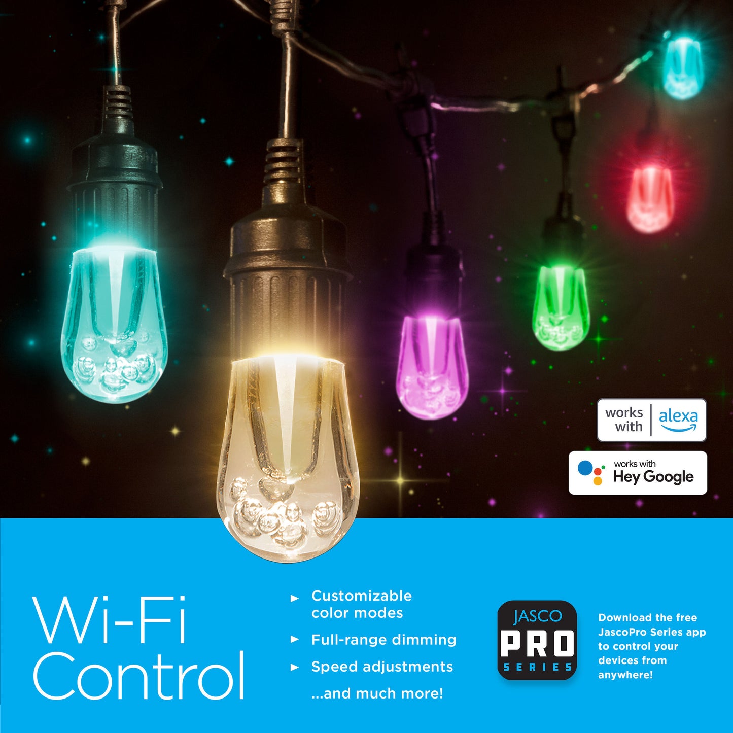 JascoPro Wi-Fi LED Color-Changing Cafe Lights, 48ft., 24 Lights, Rgbw