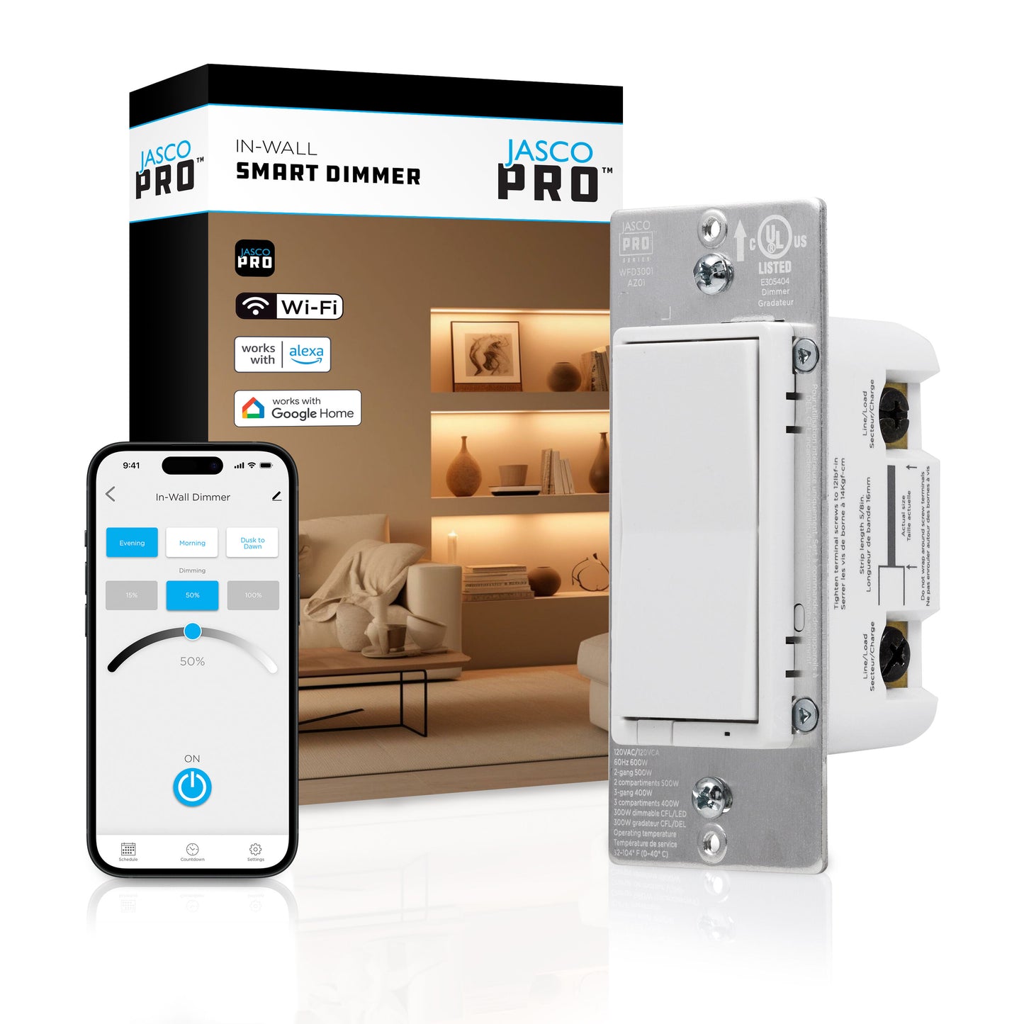 JascoPro In-Wall Wi-Fi Smart Rocker Dimmer, White/Light Almond Paddles