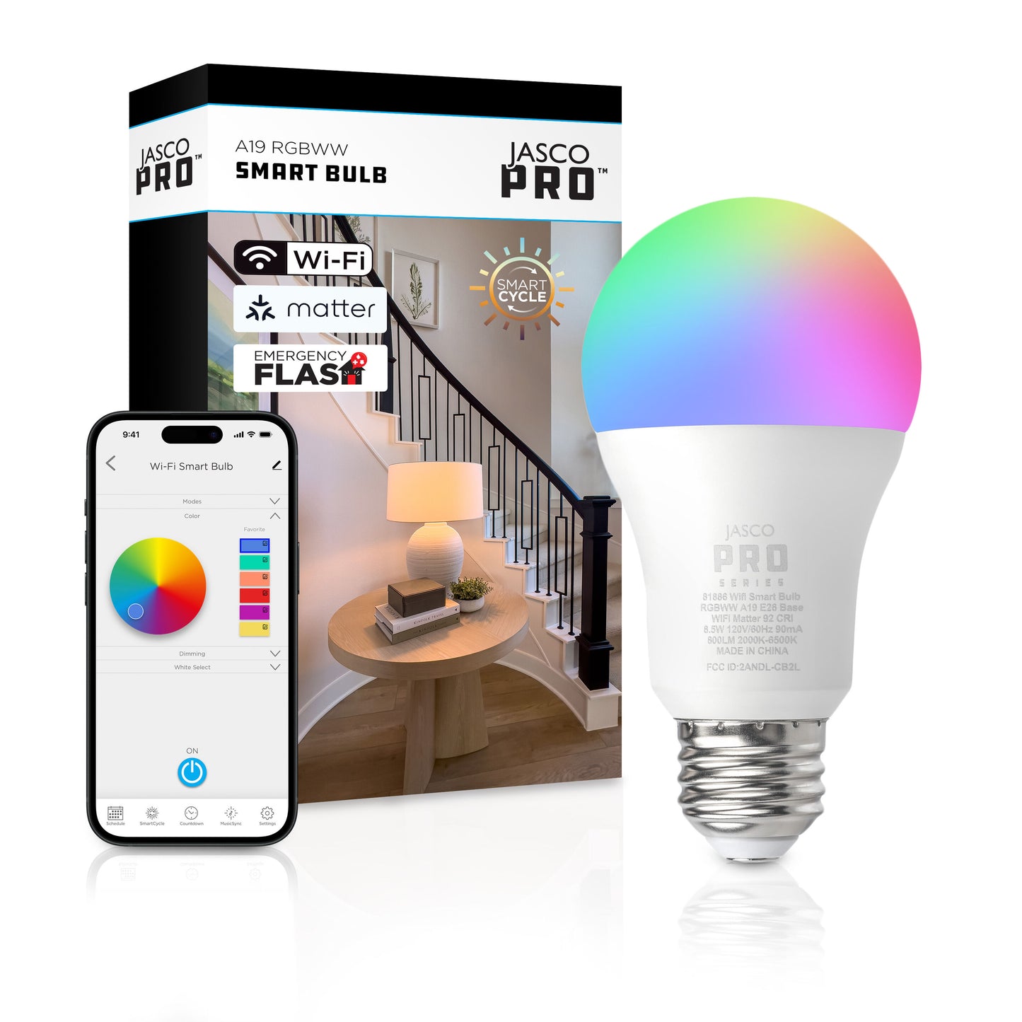 JascoPro Matter-Enabled Wi-Fi Smart Bulb, A19, E26, Rgbww