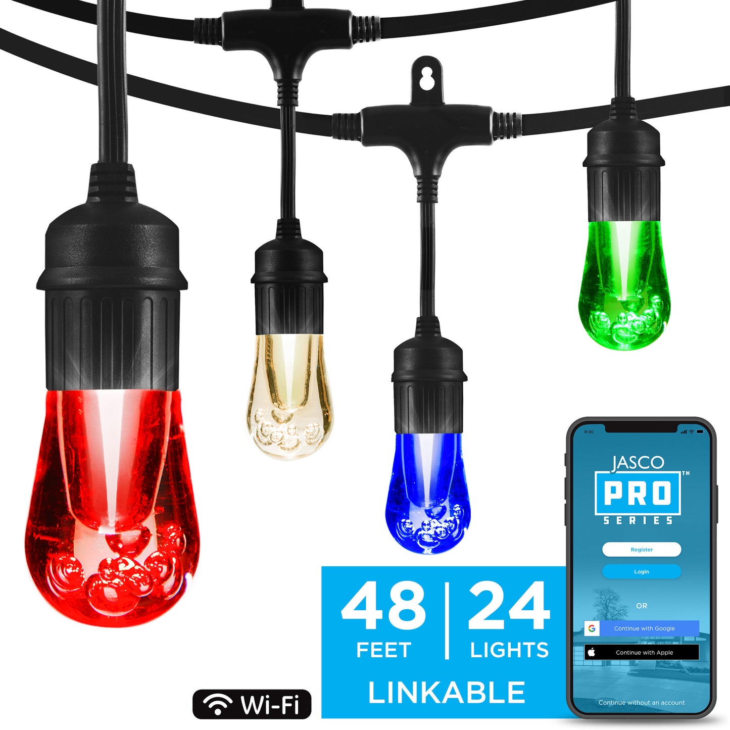 JascoPro Wi-Fi LED Color-Changing Cafe Lights, 48ft., 24 Lights, Rgbw